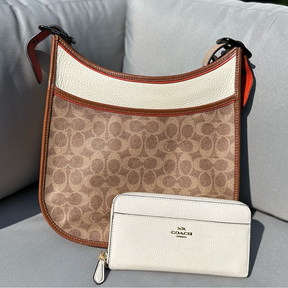 Coach Emery Crossbody Tan/Chalk Handbag WITH Coach Long Zip Around Chalk…